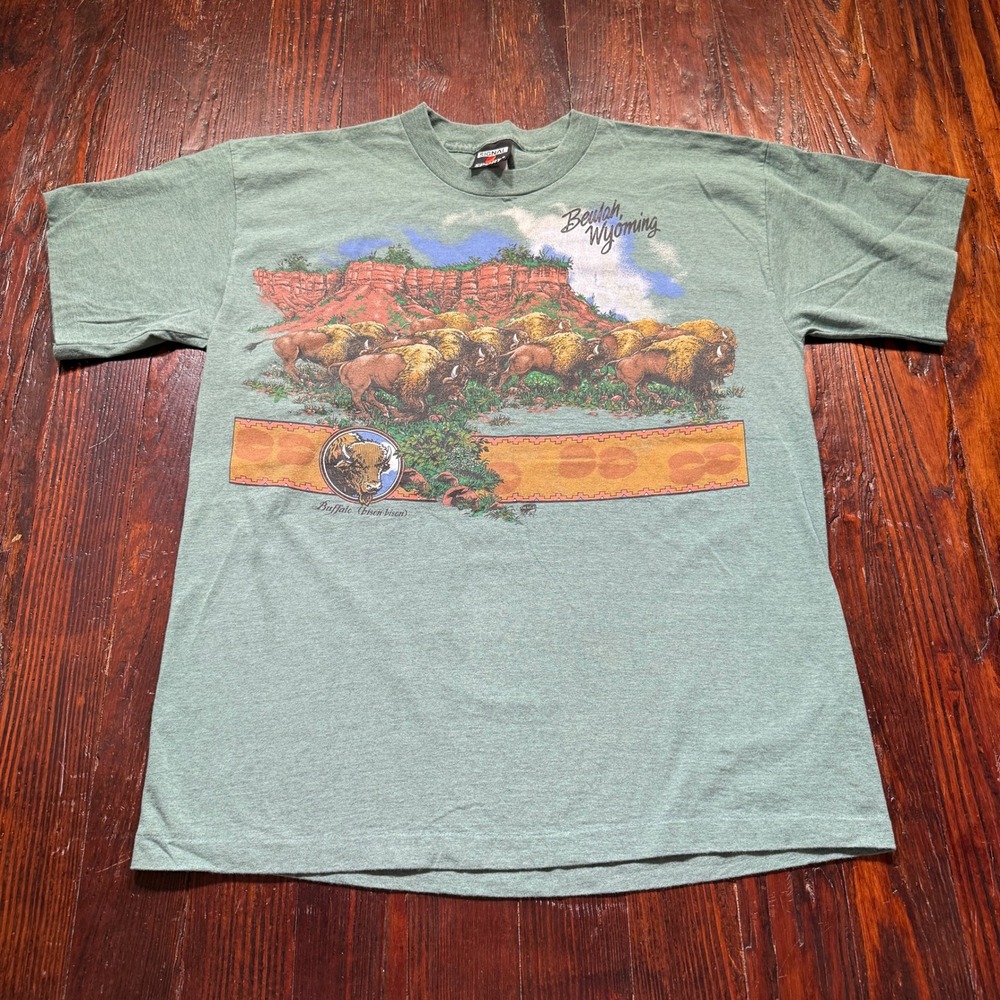 Vintage Beulah Wyoming Bison Shirt Mens XL Green Signal Sport Graphic USA Made